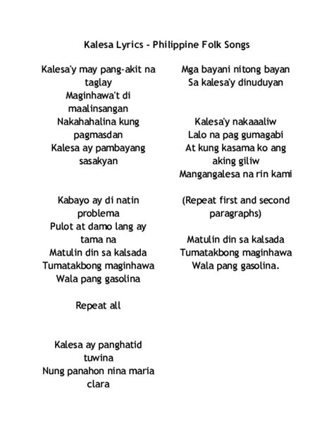 Text Files of Lyrics to Philippine City and Municipal Songs .